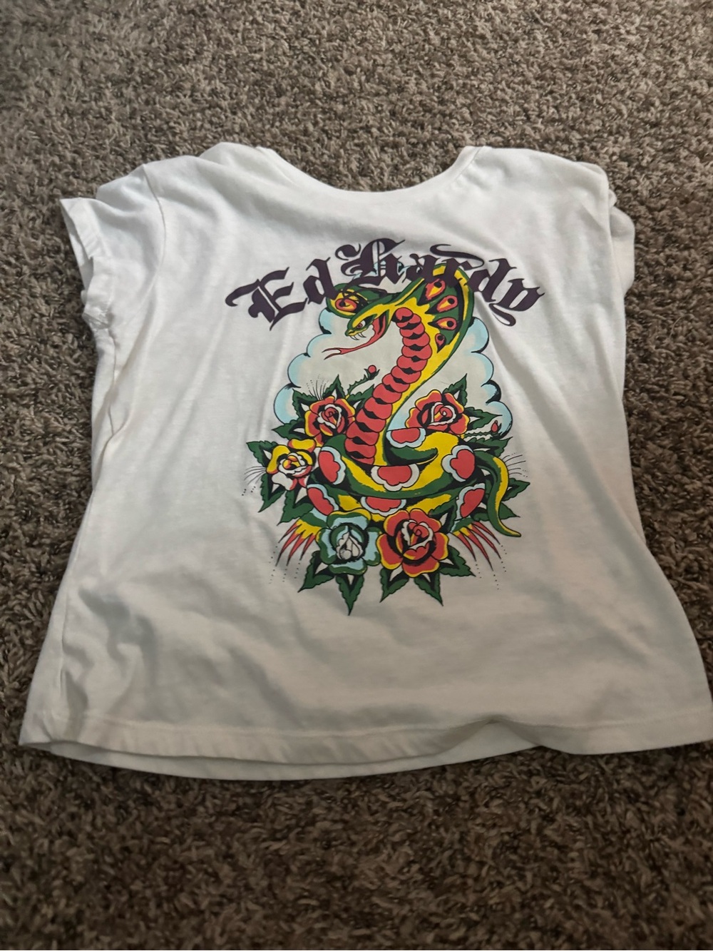 Ed Hardy White Crop Top with Colorful Snake & Rose Graphic